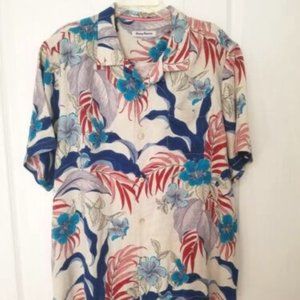 Tommy Bahama 100% Silk Mens XXL Blue Red Tropical Print Top Shirt